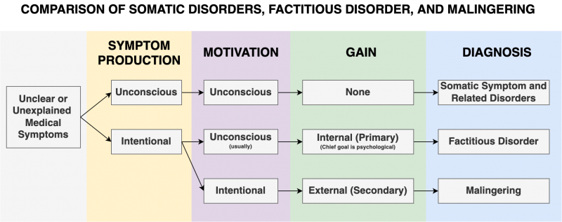 Comparison of Somatic Symptom Disorders, Factitious Disorder, and Malingering